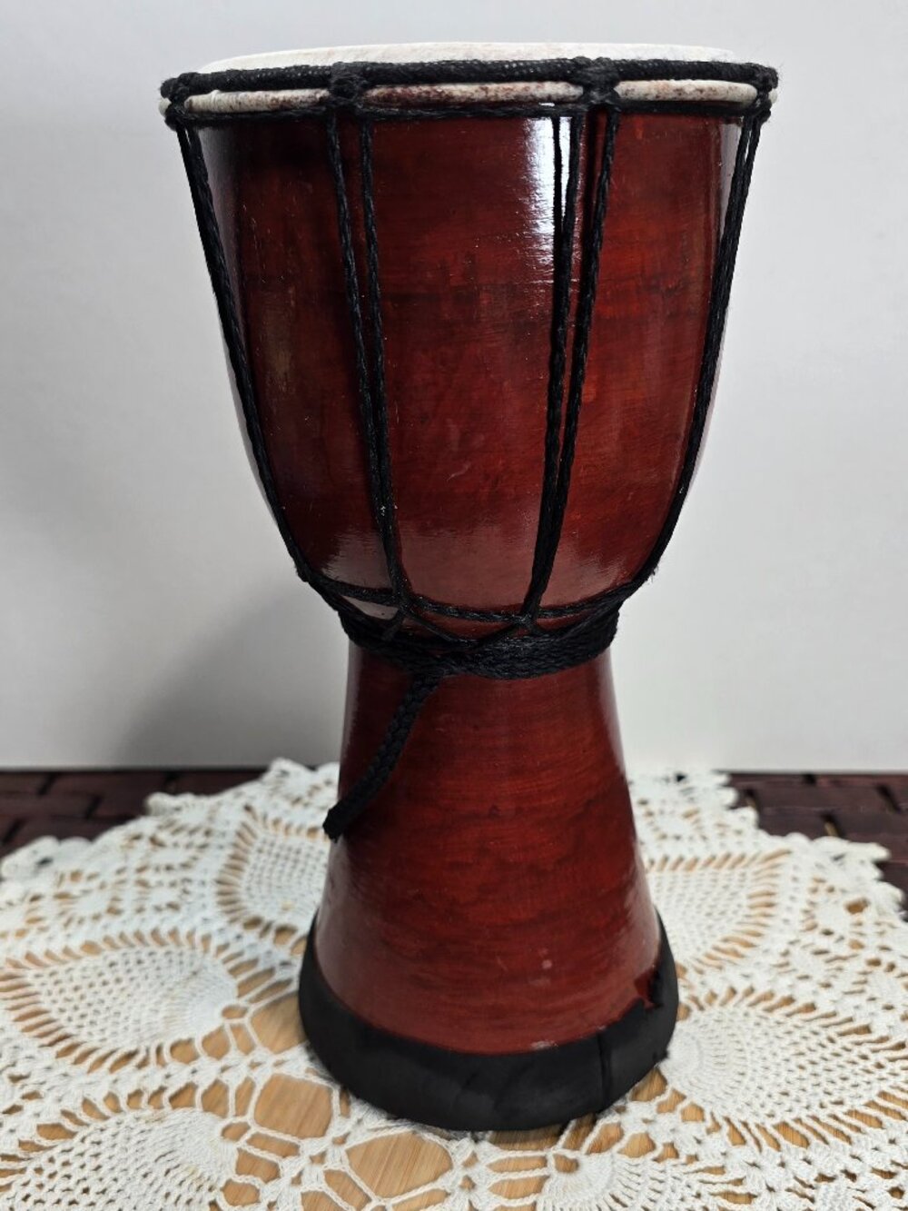 Mini Wooden Djembe Drum / Bongo Reddish Brown Hand Carved Black Rope Decor